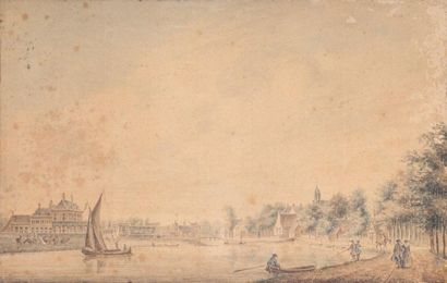 Ecole HOLLANDAISE du XVIIIème siècle Paysage de canal animé Aquarelle, plume et encre...