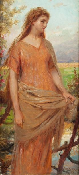 Piet VAN DER OUDERAA (1841-1915) Jeune femme au bord d'une rivière Huile sur panneau,...
