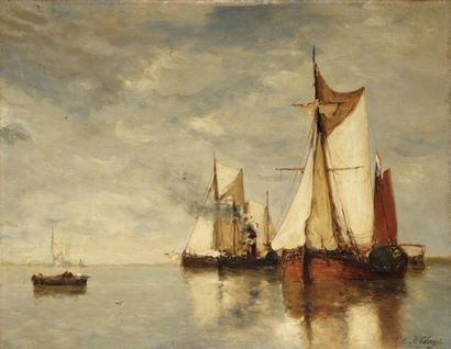 Paul Jean Clays (1819-1900) Bateaux de pêches hollandais sous voiles Huile sur panneau...