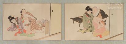 null JAPAN - 20th century
Ten inks and colors on silk, shunga, couples in intimacy....