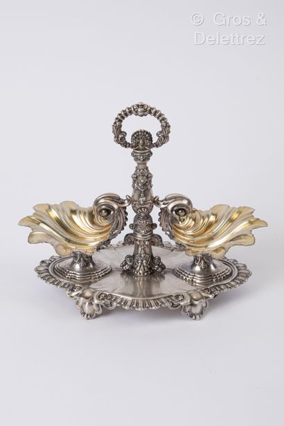 null Silver and vermeil double saleron and four salerons in the form of a scalloped...