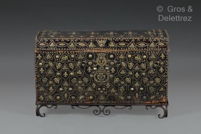 null Leather-covered wooden travel trunk decorated with nails, crowns, dolphins,...