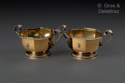 null PUIFORCAT. Pair of vermeil goblets on pedestal with two lateral handles decorated...