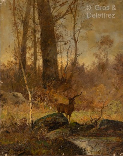 null Emile CHARLET (1851-1910)
Stag in front of a pond in the forest
Oil on canvas...
