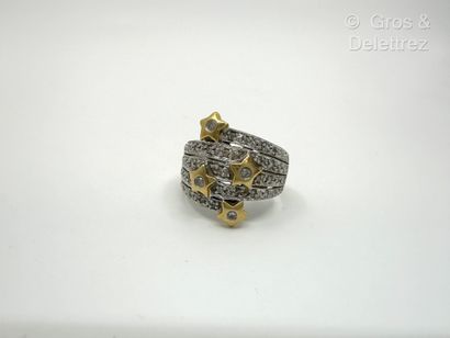 null Bague bandeau « Etoiles » en or jaune et or gris 750 millièmes et diamants taille...