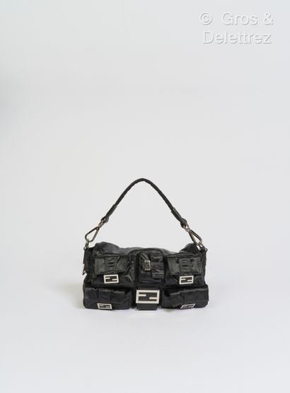 null FENDI year 2022 - "Baguette Multipoches" bag 27cm in black nylon and silver...
