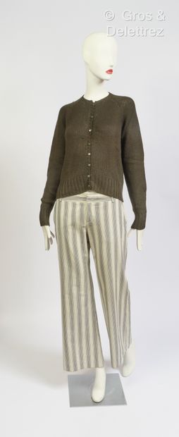 null PRADA, MARNI - Set with green cashmere cardigan and ecru cotton pants with gray...