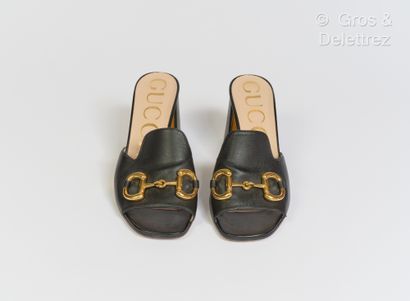 null GUCCI - Pair of "Mors" mules in black calfskin with gilded metal motif, 85mm...