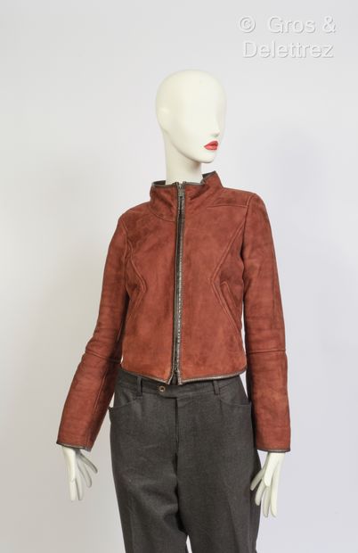 null CELINE - Zipped jacket in cocoa suede reverse and Mouton à la couleur. S.38....