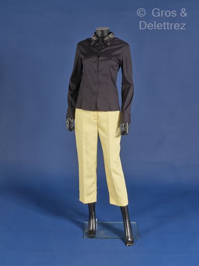 null PRADA - Outfit featuring a navy satin cotton shirt, small pearl collar, single...