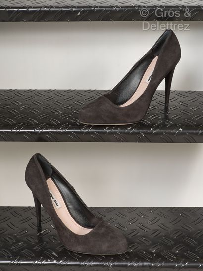 null MIU MIU - Pair of black lambskin suede pumps, 110mm covered heels, leather soles...