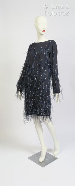 null Dries VAN NOTEN - Navy silk chiffon crepe dress embroidered with sequins and...