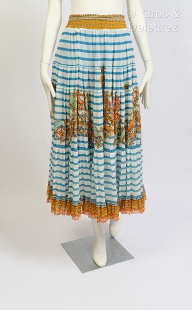 null Jean Paul GAULTIER Soleil - Full skirt in blue-striped white Mesh, printed with...