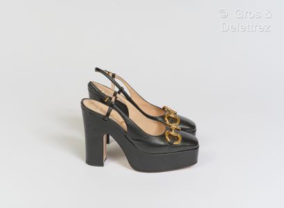 null GUCCI - Pair of black leather "Mors" slingback pumps with gold metal motif,...