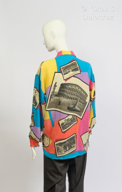 null EQUIPMENT - Multicolored printed silk shirt with Rome photo motifs. T.M.