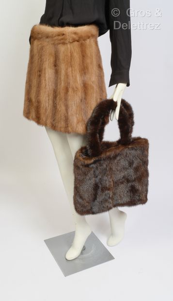 null Set includes a ranch mink bag and a short skirt in pastel mink.