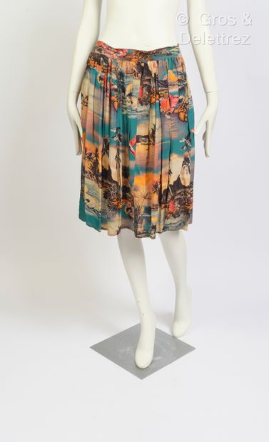 null Jean Paul GAULTIER - Pleated crepe skirt with multicolored Hawaiian print. ...