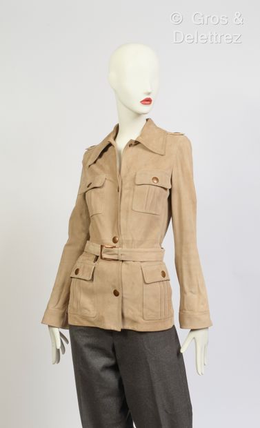 null CELINE - Saharan-inspired jacket in sand-colored lambskin velvet, belt. S.36....