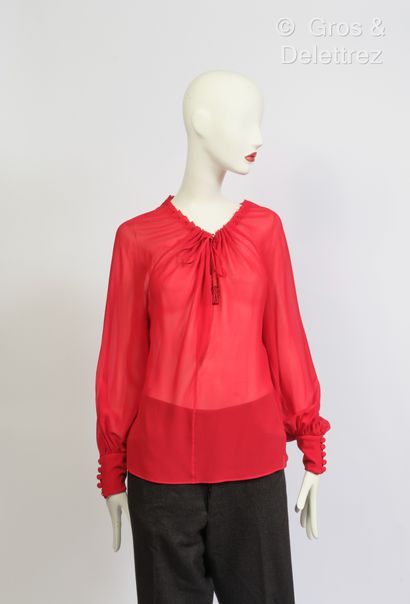 null SAINT LAURENT X Hedi Slimane year 2012 - Peasant blouse in red silk crepe, pompom...
