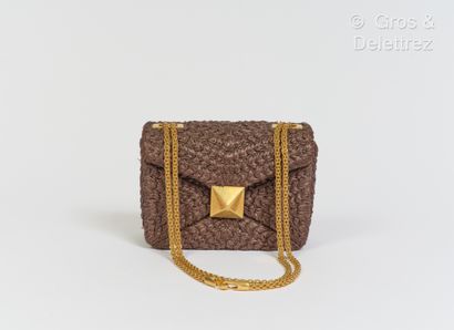 null VALENTINO - 20cm cocoa raffia bag, gold metal stud clasp, adjustable chain handle....