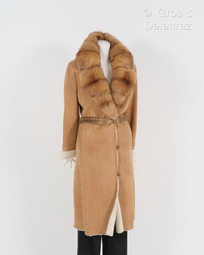 null REBECCA - Long coat in Camel and white shaved sheepskin, large shawl collar...