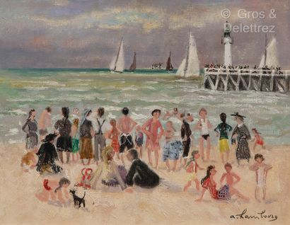 null André HAMBOURG (1909-1999)
Scène de plage à Deauville
Huile sur toile.
Signée...