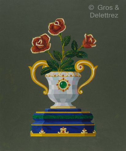 null Cinq dessins préparatoires représentant : 
- Une vasque de roses richement décorée....