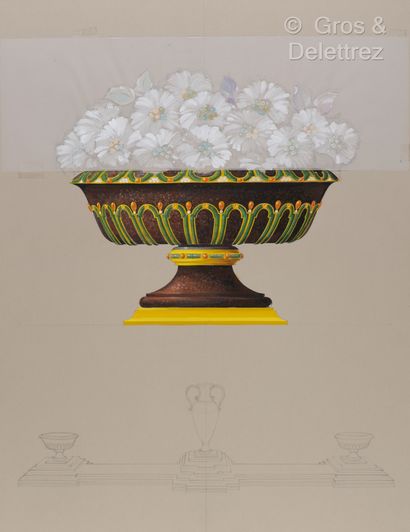 null Cinq dessins préparatoires représentant : 
- Une vasque de roses richement décorée....