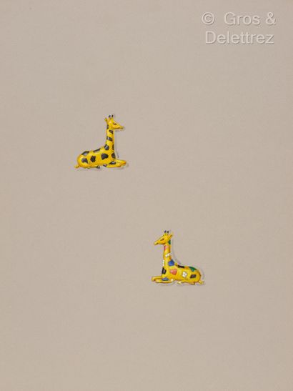 null Deux dessins préparatoires représentant : 
- Deux clips « girafes » en or jaune,...