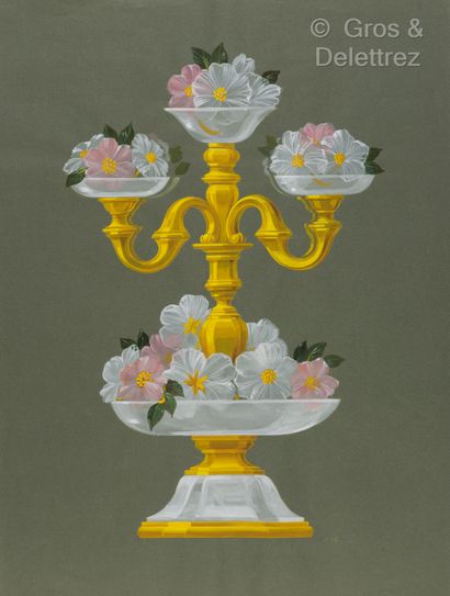 null Cinq dessins préparatoires représentant : 
- Une double-vasque fleurie en bronze...