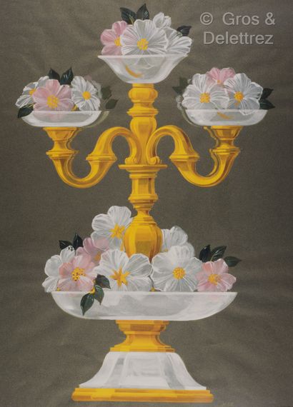 null Cinq dessins préparatoires représentant : 
- Une double-vasque fleurie en bronze...