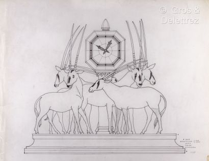 null Trois dessins préparatoires représentant : 
- Un groupe de six antilopes sur...