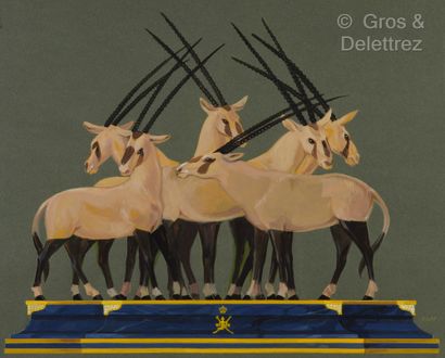 null Trois dessins préparatoires représentant : 
- Un groupe de six antilopes sur...