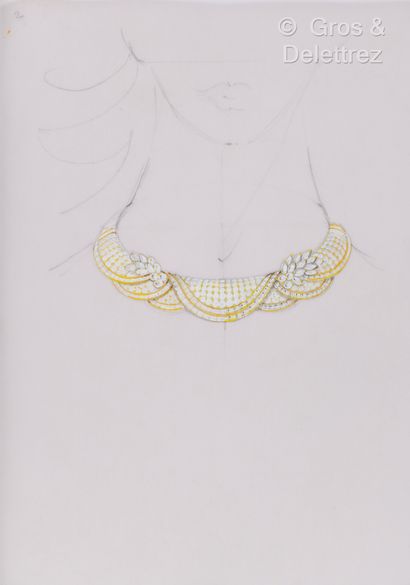 null Trois dessins préparatoires représentant : 
- Un collier ras-de-cou en or jaune...
