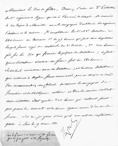 null NAPOLEON Ier. Restructuration de l'Armée de Naples. Lettre signée Napol. Paris,...