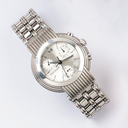 BOUCHERON "Solice" Bracelet montre chronographe en acier, cadran gris à 3 compteurs,...