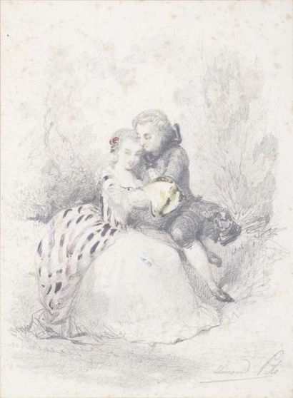 Edouard PILS (1823 - 1850) Rendez vous au parc Crayon noir et gouache, signé en bas...