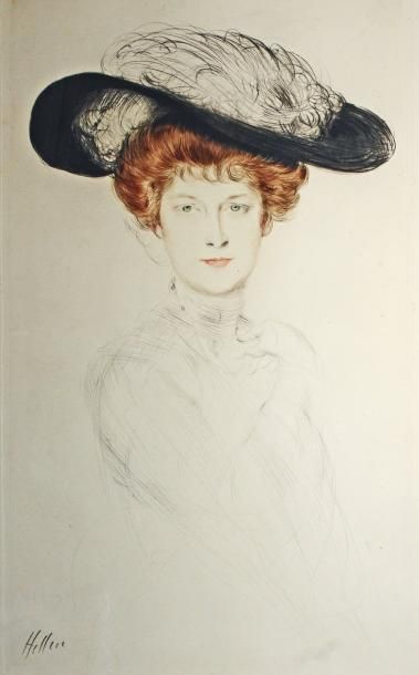 Paul César HELLEU (1859-1927) Femme au chapeau à plume blanche Pointe sèche en couleur,...