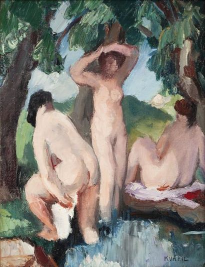 Charles KVAPIL (1884-1957) Trois baigneuses, sous-bois Huile sur toile, signée en...