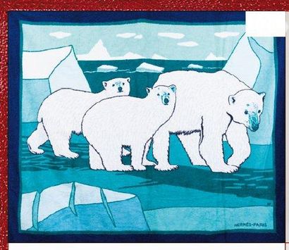 HERMES Paris Twin drap en coton éponge représentant deux ours polaires sur la ba...