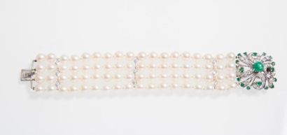 null Bracelet de 4 rangs de perles de culture japonaises Akoia, alternés de motifs...