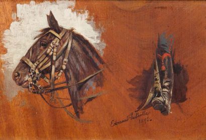 Edouard DETAILLE(1848-1912) Etude pour une tête de cheval et un étrier Huile sur...