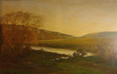 Louis Alexandre CABIE (1854-1939) Paysage boisé à la rivière Huile sur toile, signée...