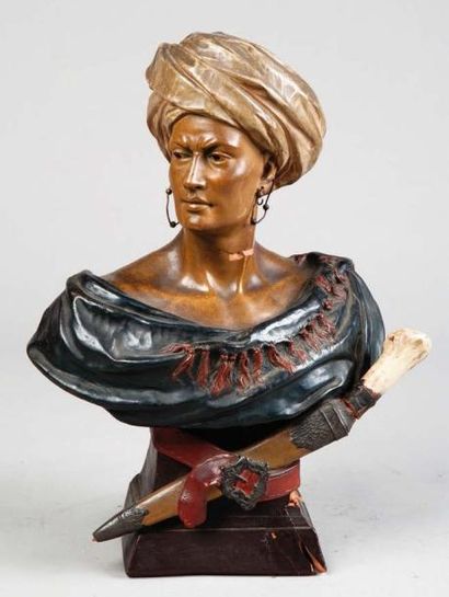 Charles MASSE (1855-1913) Buste d'oriental au turban Épreuve en terre cuite laquée...