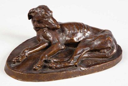 Paul BERTHIER (1879-1916) Lévrier couché Bronze à patine brune signé sur la terrasse...