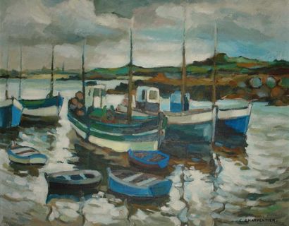 Claude CHARPENTIER (né en 1932) Bateaux de pêche au mouillage Huile sur toile signée...