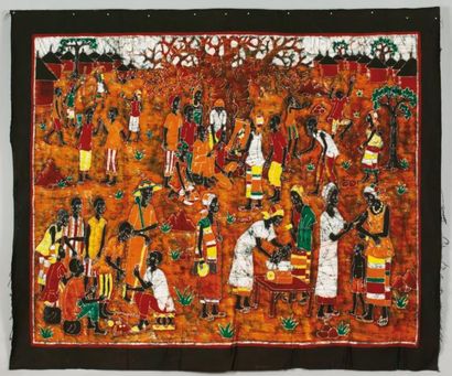 null Un Batik, Afrique Centrale, Décor figurant une scène de village An African Batik...