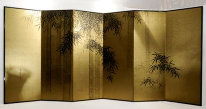 null Paravent (Byobu) à six feuilles représentant des bambous sur fond saupoudré...