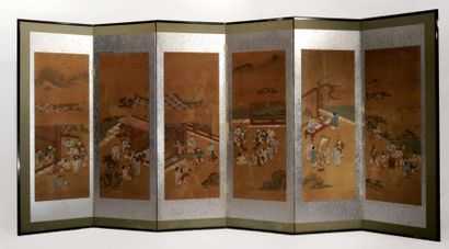 null Paravent (Byobu) à six feuilles représentant des scènes animées de personnages...