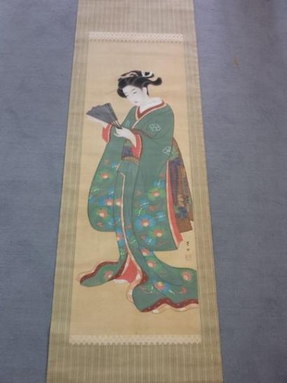 HÔJO ( ?) ou YOSHIME kakemono en couleurs sur soie représentant une geisha en pieds,...